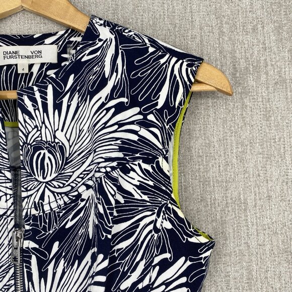 Diane Von Furstenburg‎ Dress 4 Black Sheath Flower Print Fitted Bodycon Full Zip - Picture 6 of 12